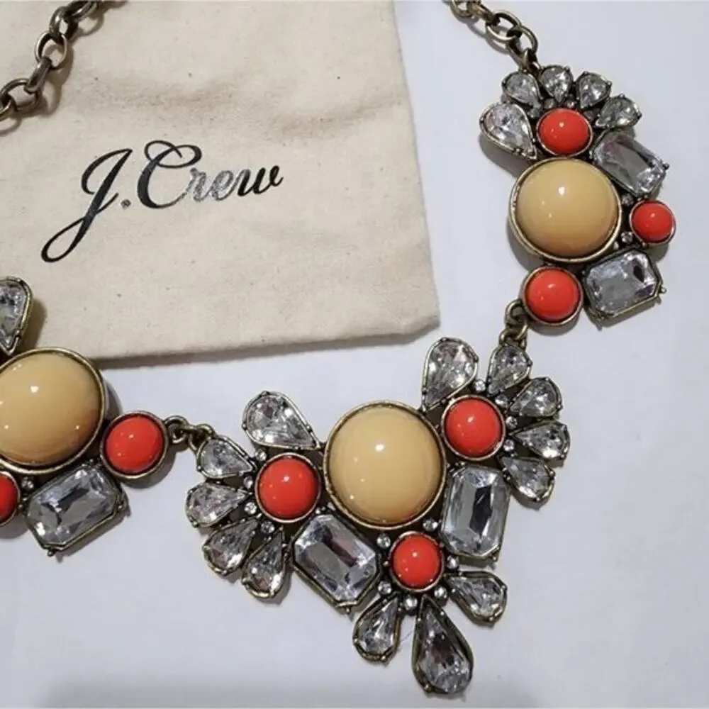 J. Crew Statement Bib Necklace‎ Coral Cream Crystal Gold Tone with Dust Bag